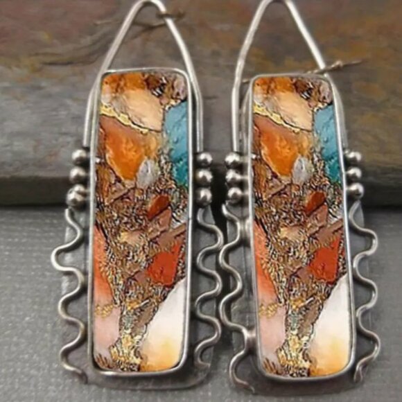 Retro Boho Style Geometric Dangle Earrings - Brn-Org-Turq - Picture 2 of 6